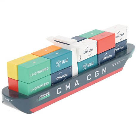 Vilac CMA CGM wooden toy container ship with colorful LNG POWERED cargo blocks on a white background.