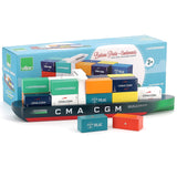 Vilac CMA CGM Jacques Saade wooden toy container ship with colorful magnetic blocks and original packaging.