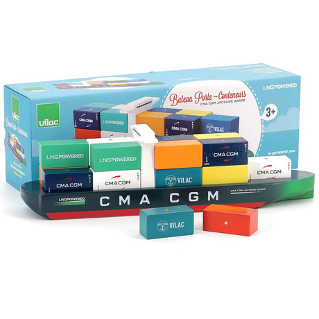 Vilac CMA CGM Jacques Saade wooden toy container ship with colorful magnetic blocks and original packaging.