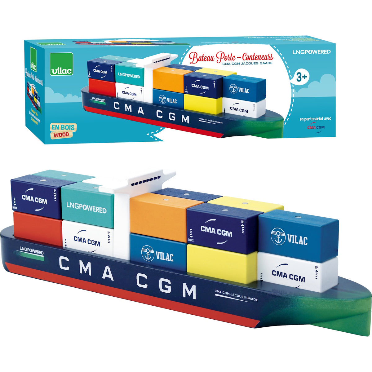 Vilac CMA CGM Jacques Saade wooden container ship toy with colorful magnetic cargo blocks and original packaging.