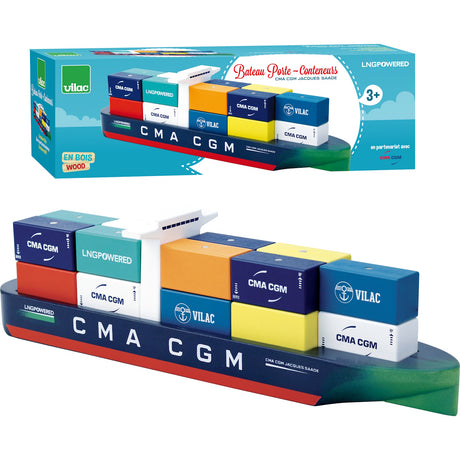 Vilac CMA CGM Jacques Saade wooden container ship toy with colorful magnetic cargo blocks and original packaging.
