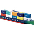 Wooden Vilac CMA CGM Jacques Saade toy container ship with colorful LNG-powered blocks on a white background.