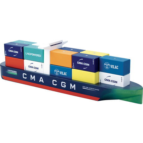Wooden Vilac CMA CGM Jacques Saade toy container ship with colorful LNG-powered blocks on a white background.