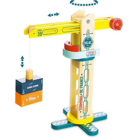 Vilac wooden toy crane with Terminal de France branding lifting CMA CGM and Vilac shipping containers.