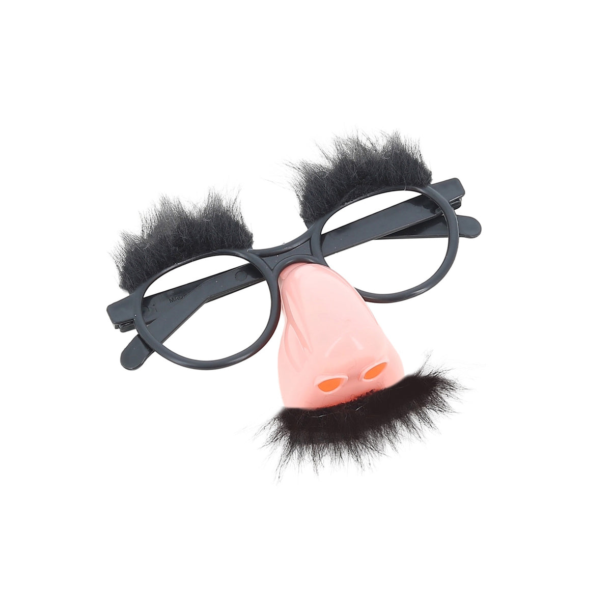 Classic Groucho Marx glasses with fake nose, fuzzy black eyebrows, and mustache disguise toy on white background.