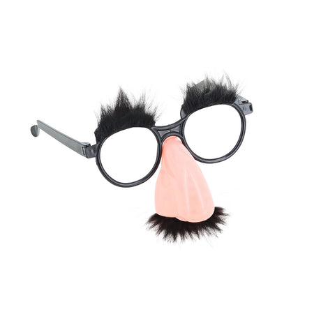 Classic Groucho Marx disguise glasses with fake nose, fuzzy eyebrows, and mustache on a white background.