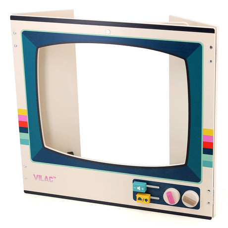 Vilac vintage wooden toy TV with cutout screen and knobs, folded side panels.