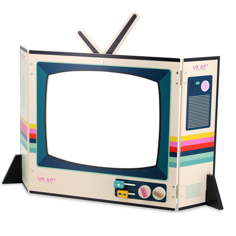 Vilac retro wooden pretend play TV set with antenna, knobs, and blank screen cutout on a white background.
