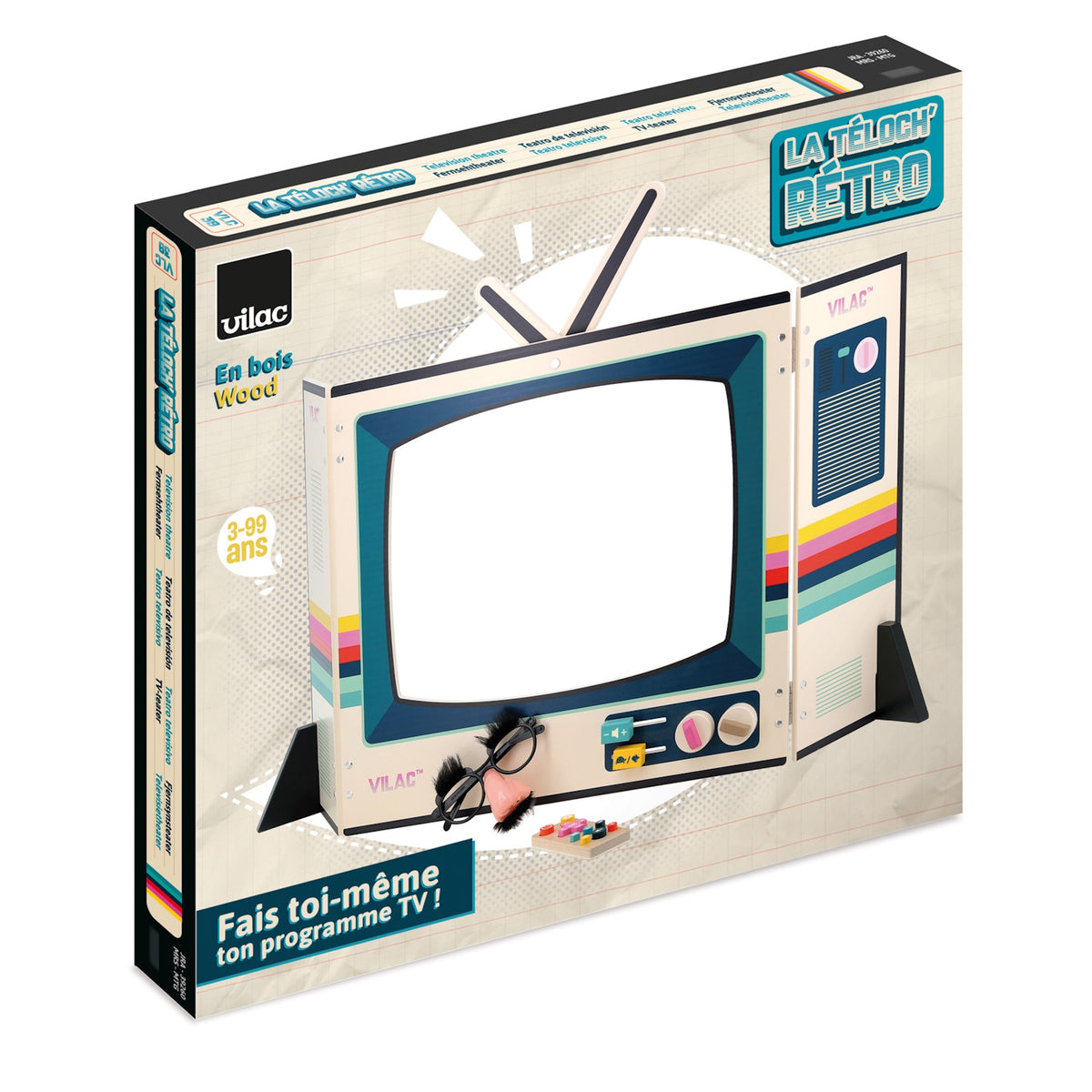 Vilac La Teloch Retro wooden pretend television set toy packaging box on white background.