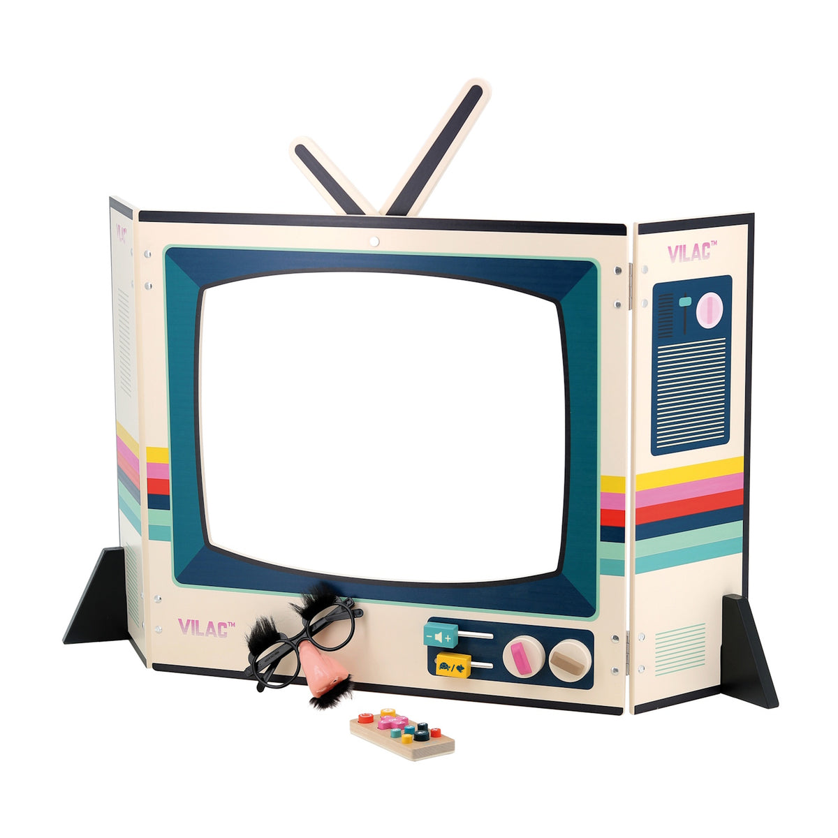 Vilac vintage wooden pretend play TV set with antenna, remote, and funny disguise glasses on a white background.