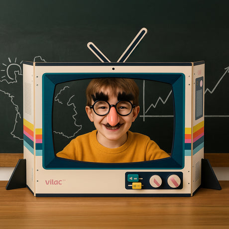 Young boy wearing Groucho Marx glasses looking through a Vilac vintage toy television frame.