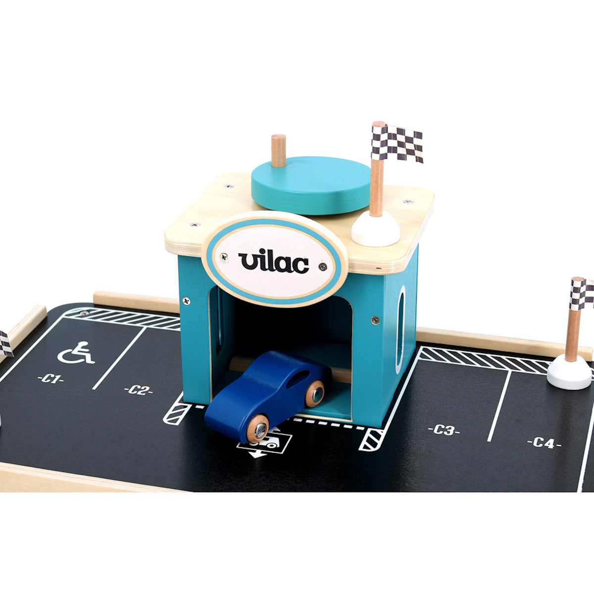 Close-up of a Vilac wooden parking garage toy featuring a blue race car exiting a teal roof structure.