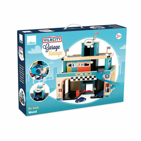 Vilac Vilacity Vintage Garage wooden toy set in packaging. Includes a multi-story car park with ramps and a blue car.