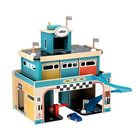 Vilac 1911 vintage style wooden toy car garage with ramps and accessories for toddlers and children.