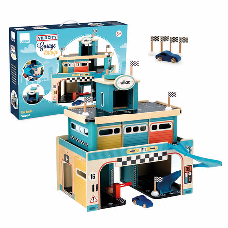 Vilac Vintage wooden garage toy set with blue car, multi-level parking, ramps, and checkered racing flags.