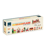 Vilac Oussassplass The City logic and deduction game packaging featuring wooden toy illustrations.