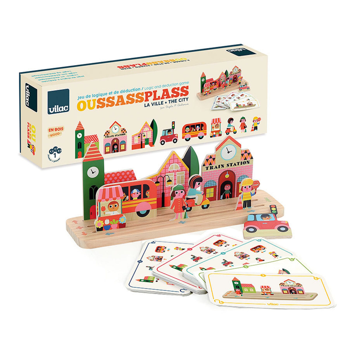 Vilac Oussassplass The City logic game with wooden pieces, game cards, and packaging box.
