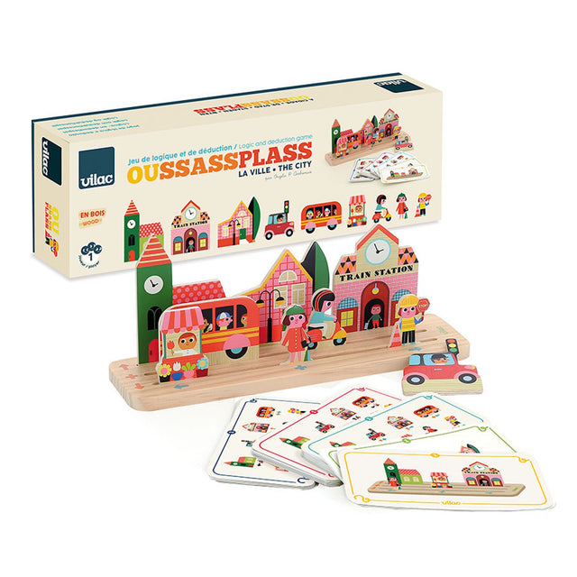 Vilac Oussassplass The City logic game with wooden pieces, game cards, and packaging box.