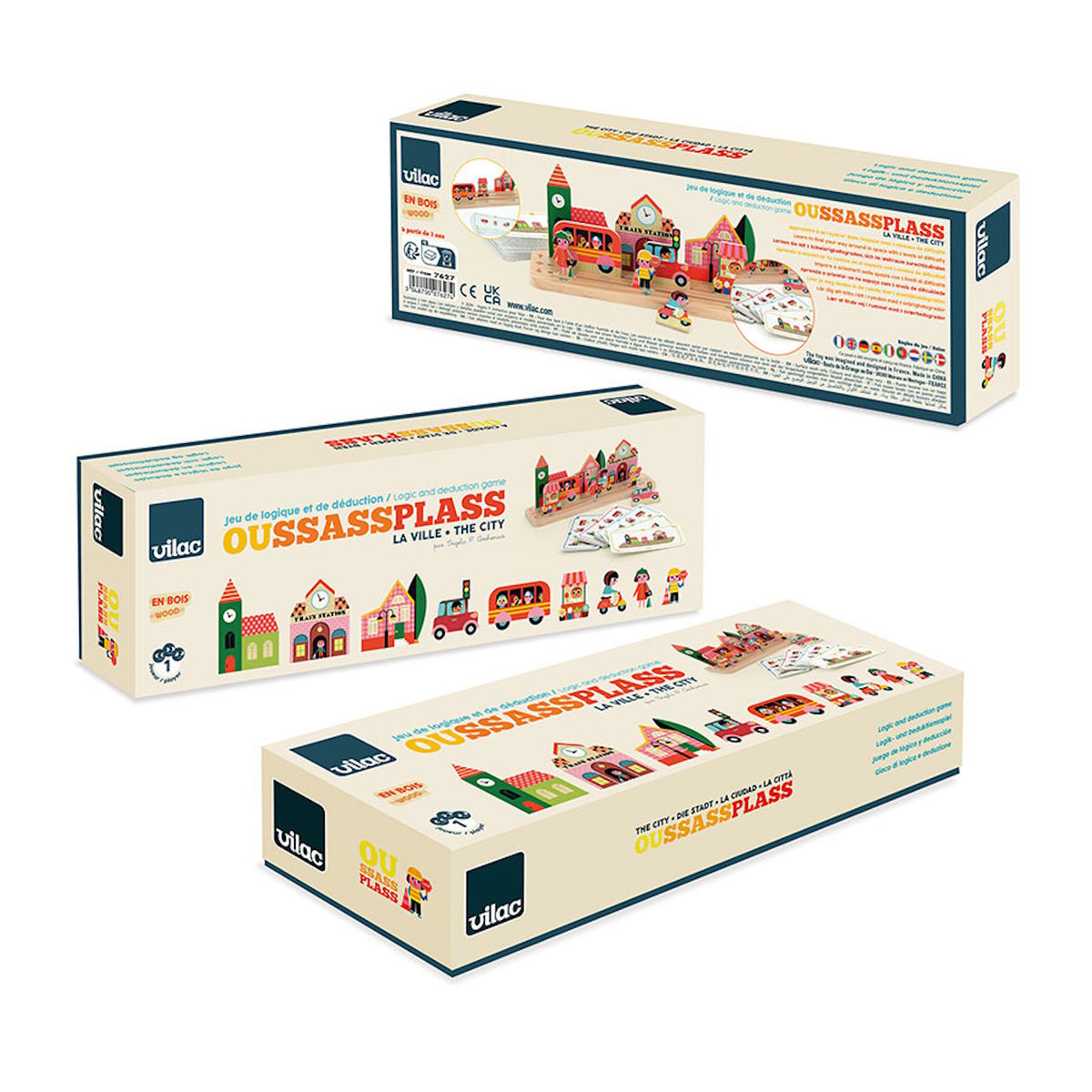 Vilac Oussassplass The City wooden logic and deduction game boxes featuring colorful toy town pieces.