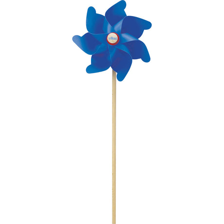 Blue Vilac pinwheel toy with a wooden stick and a central Vilac logo emblem on a white background.