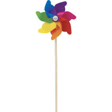 A multicolored Vilac toy pinwheel with rainbow blades on a wooden stick, isolated on a white background.