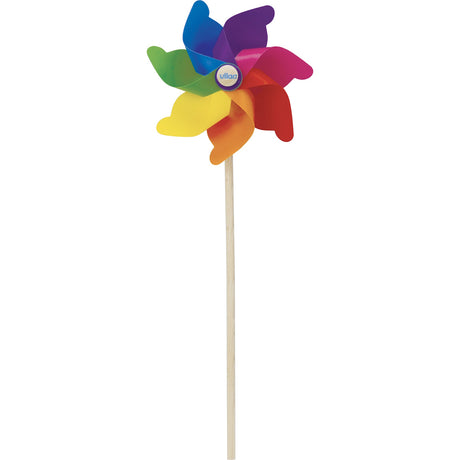 A multicolored Vilac toy pinwheel with rainbow blades on a wooden stick, isolated on a white background.