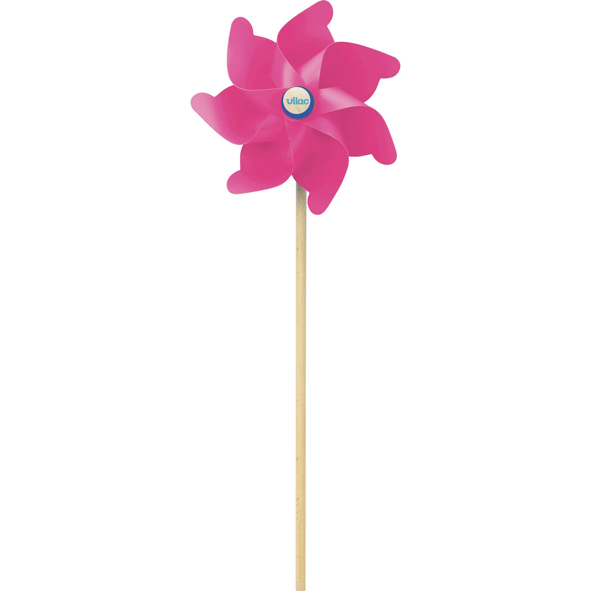 Pink Vilac toy pinwheel with a wooden stick.