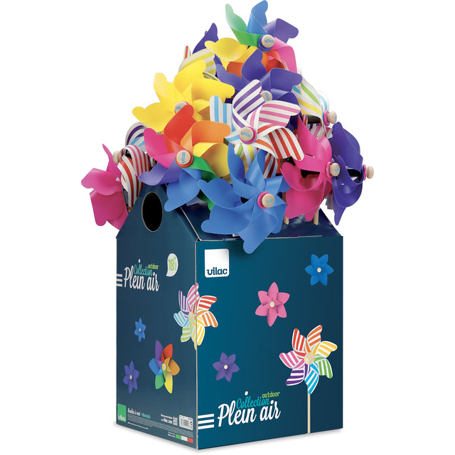 Colorful Vilac pinwheel toy set inside a dark blue retail display box on a crisp white background.
