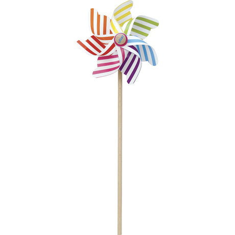 Vilac striped toy pinwheel with colorful rainbow pattern on a wooden stick on a white background.