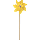 Yellow Vilac toy pinwheel with a wooden stick.