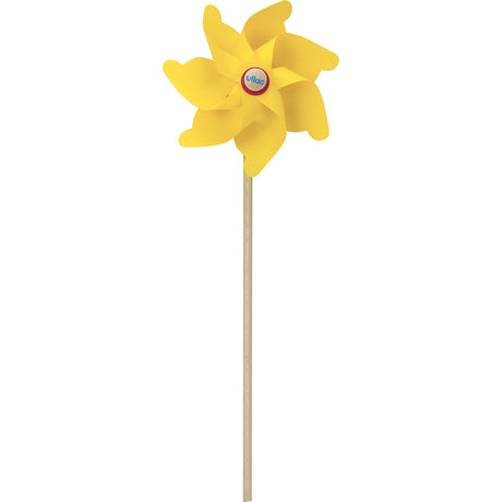 Yellow Vilac toy pinwheel with a wooden stick.