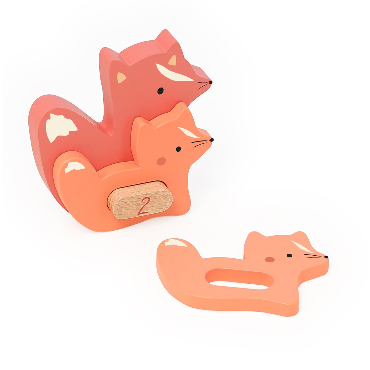 Vilac wooden stacking foxes toy with number 2 block, educational counting puzzle game for kids.