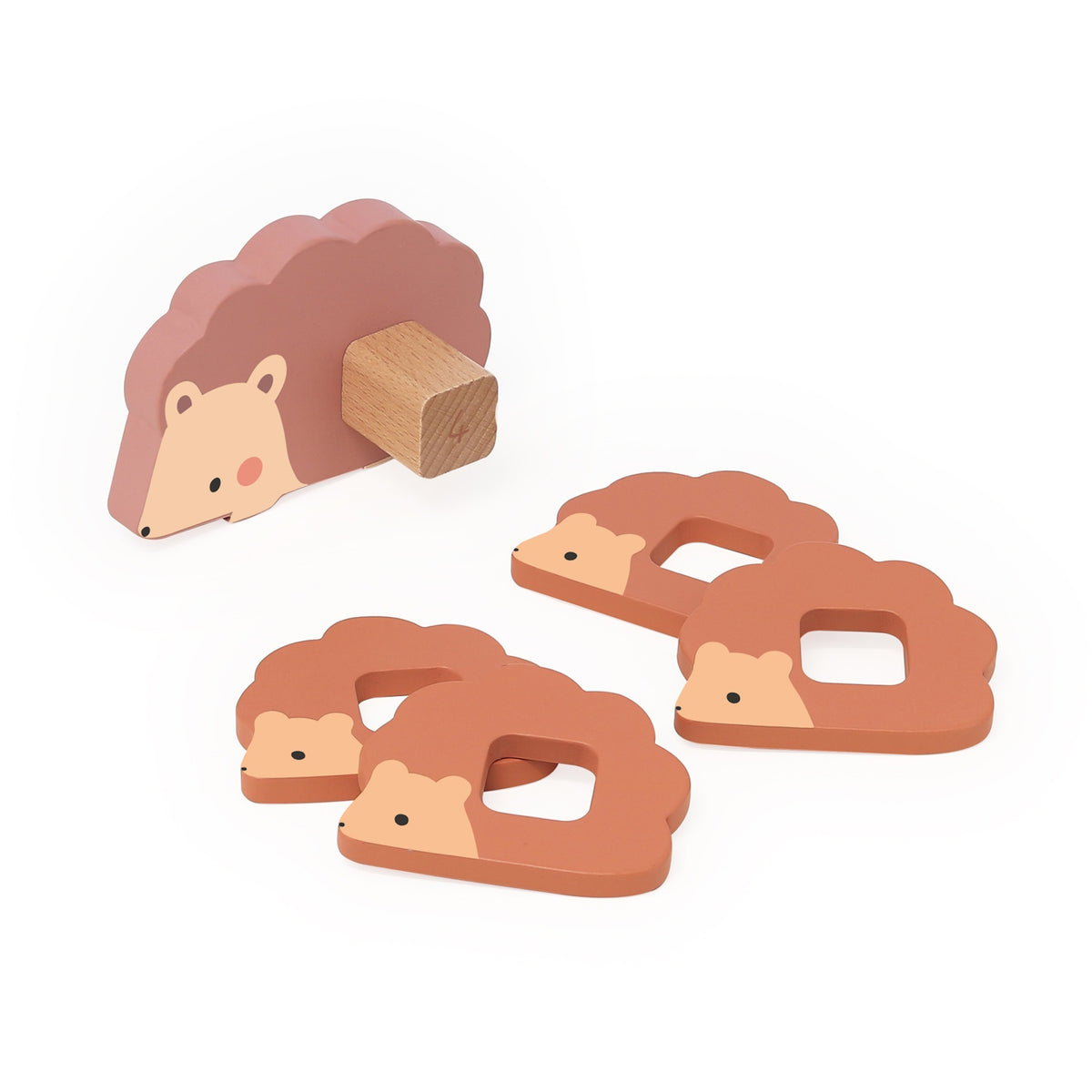 Wooden Vilac counting and stacking hedgehog toy with four separate matching brown wooden pieces on a white background.