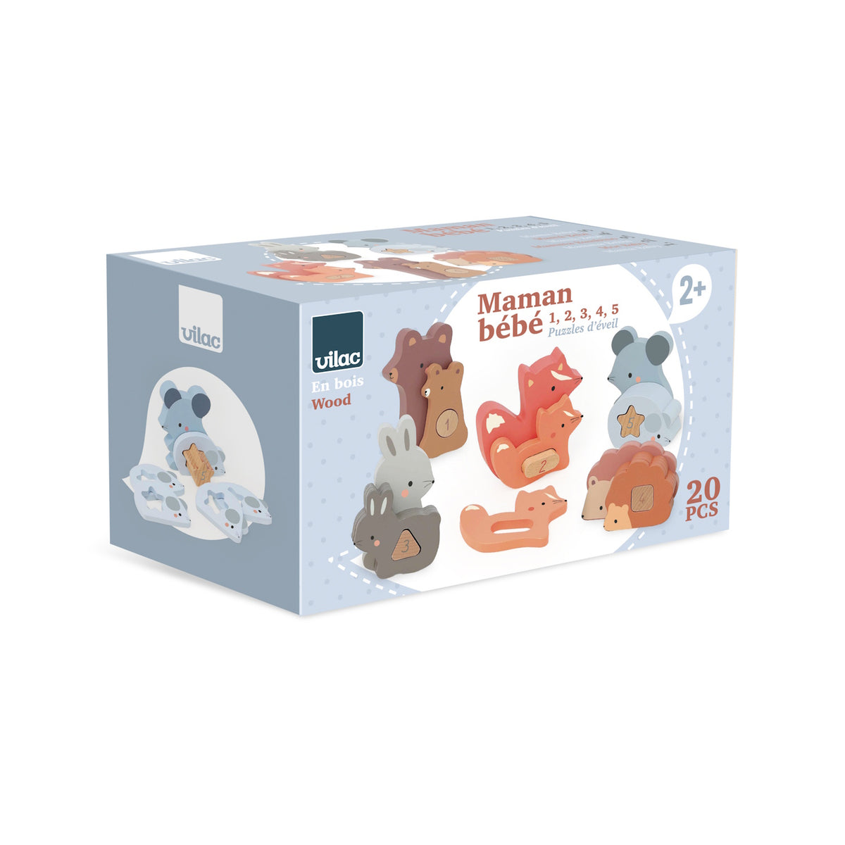 Vilac Maman bebe wooden animal counting and stacking toy packaging box featuring 20 colorful pieces.