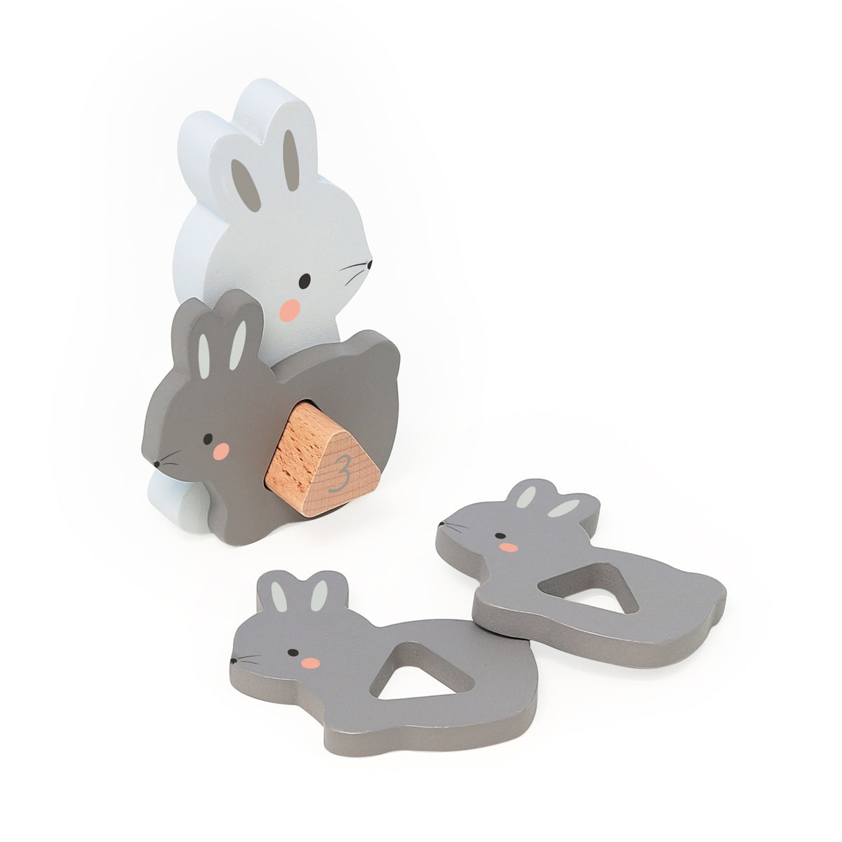 Vilac wooden rabbit stacking toy with number 3 triangular counting block and grey bunny shapes.