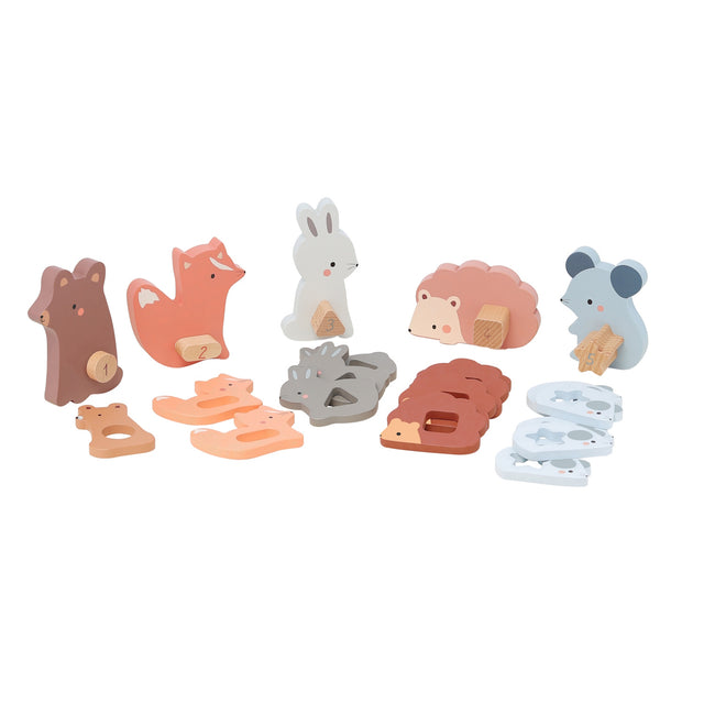 Vilac wooden animal counting and stacking toy set with bear, fox, rabbit, hedgehog, and mouse.