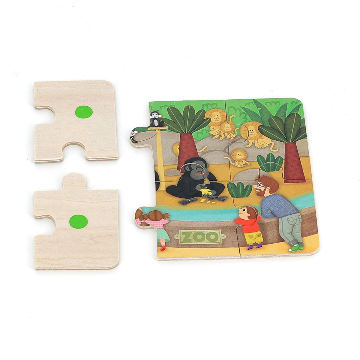 Wooden zoo animal jigsaw puzzle for toddlers featuring a gorilla, lions, and visitors on a white background.