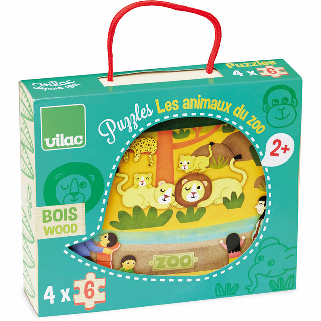 Vilac 4-pack of wooden zoo animal puzzles for toddlers aged 2+, featuring lions, elephants, and monkeys in colorful scenes.