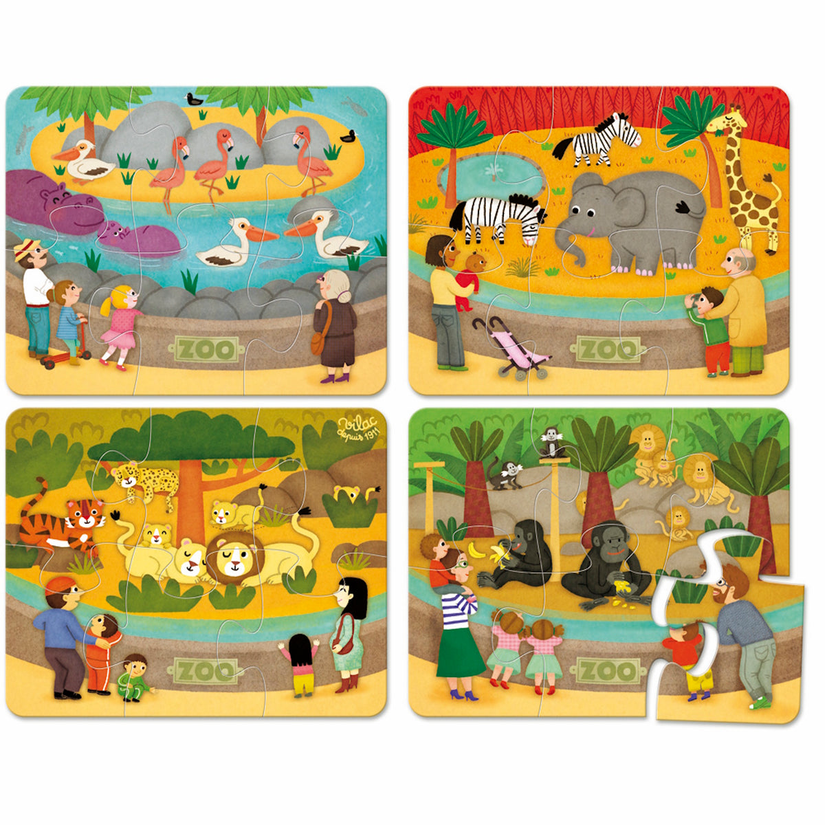 Four colorful Vilac wooden zoo puzzles for toddlers featuring elephants, lions, gorillas, and flamingos with visitors.