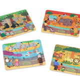 Four zoo animal jigsaw puzzles for kids featuring elephants, lions, tigers, and flamingos on a white background.