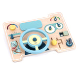 Wooden toy car dashboard with steering wheel, gear shift, and interactive dials for toddler sensory play.