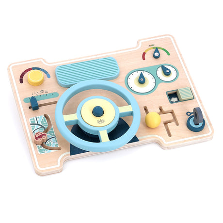 Wooden toy car dashboard with steering wheel, gear shift, and interactive dials for toddler sensory play.