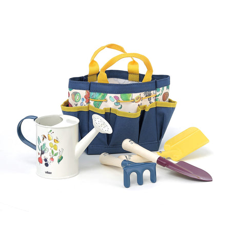 Vilac kids' garden tool set with blue tote bag, white watering can, trowels, and rake for outdoor children's play.