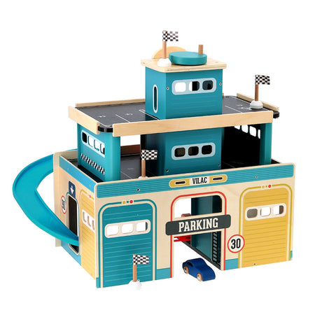 Vilac wooden garage toy for kids featuring multi-level parking, a blue slide ramp, checkered flags, and a small toy car.