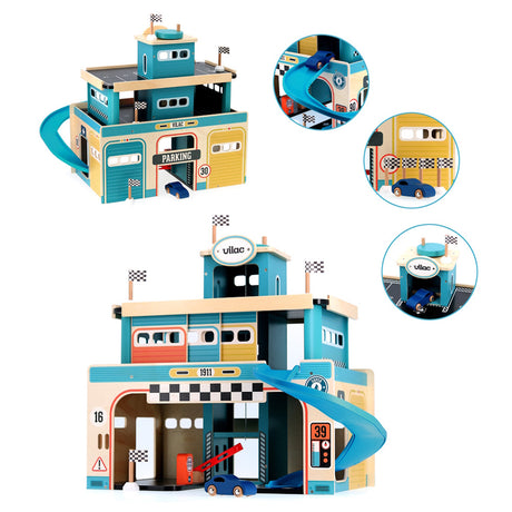 Vilac multi-story wooden toy garage with blue ramps, racing flags, and small cars for toddler imaginative play.