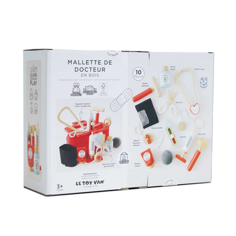 Back of Le Toy Van 10-piece wooden doctor set box detailing included play accessories and bag.