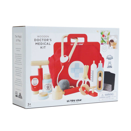 Le Toy Van wooden doctor's medical kit packaging showing a red play bag and wooden accessories.
