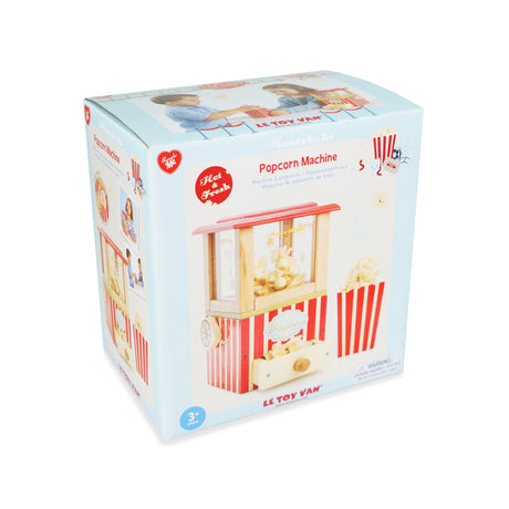 Product packaging box for Le Toy Van Honeybake wooden popcorn machine toy.