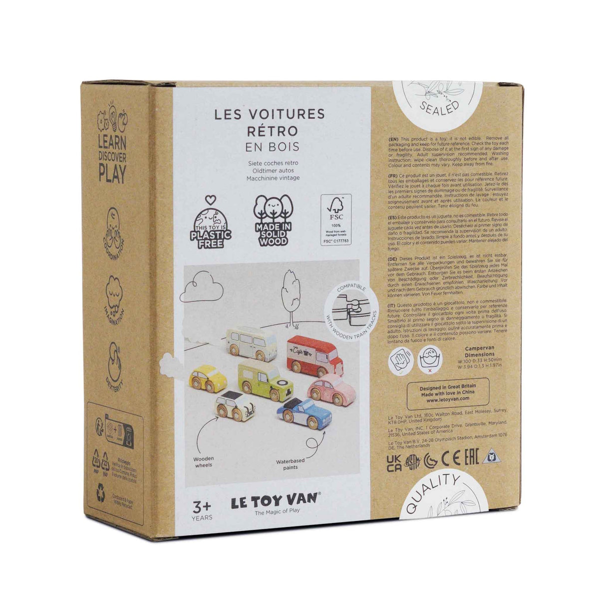 Back of the cardboard packaging box for the Le Toy Van Vintage Toy Cars set.