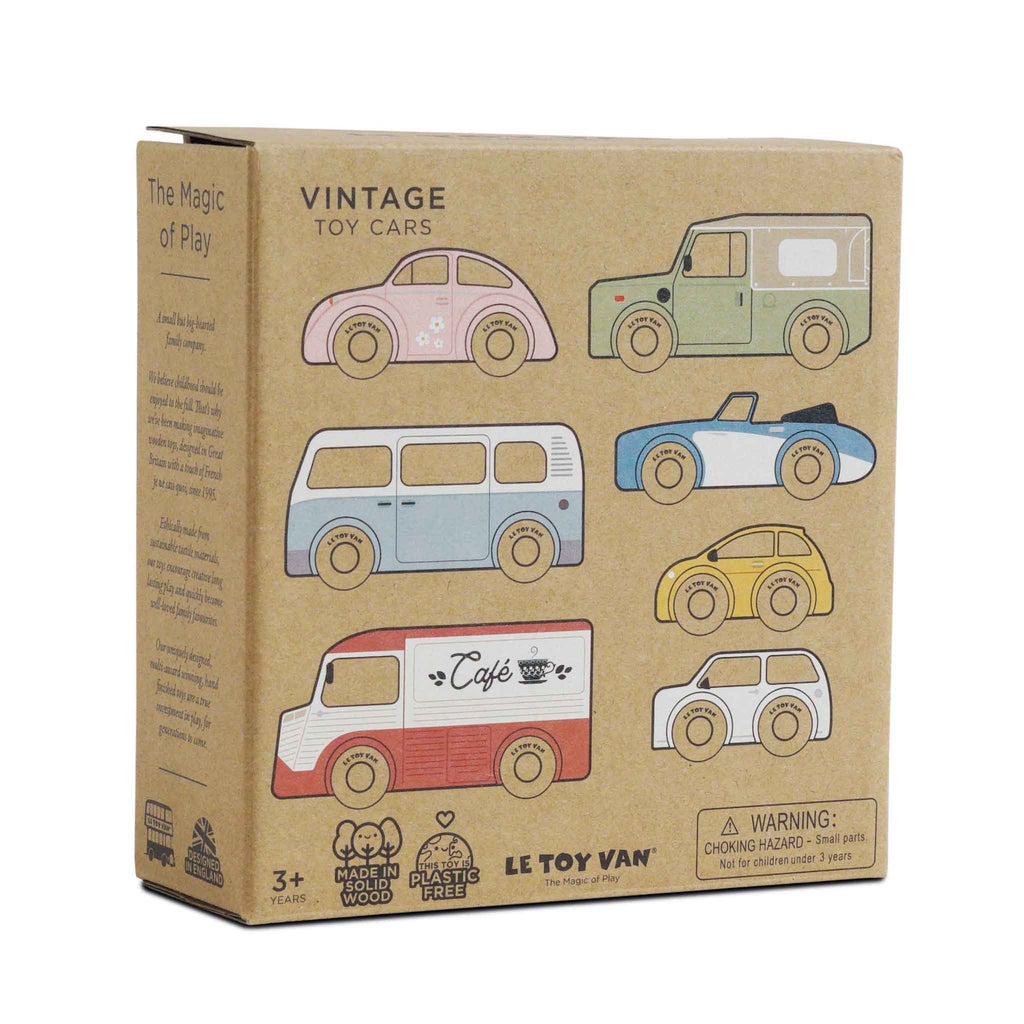 Brown box labeled "Vintage Toy Cars" featuring colorful illustrations of six vintage-style cars, conveying a nostalgic and playful tone.